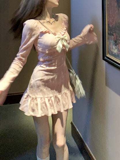 DREAM SEVEN77 pink short long-sleeved dress for women 2024 spring new sweet and slim skirt