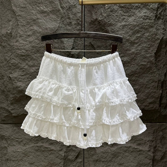 White elastic waist a-line puffy short skirt female 2025 summer new fungus lace sweet cake skirt trend