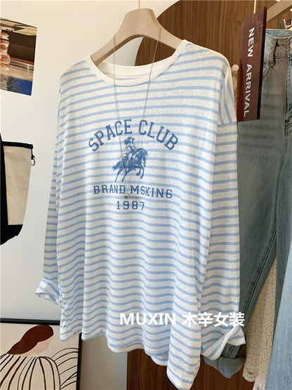 American printed striped casual T-shirt round neck sun protection top 2025 summer new loose slim versatile