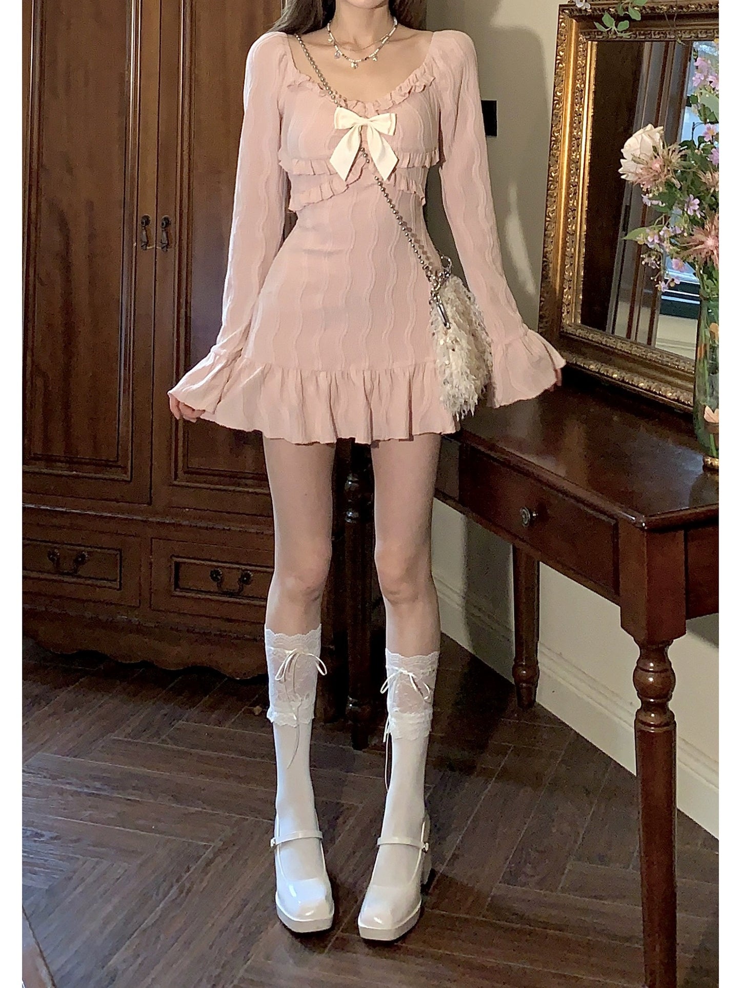 DREAM SEVEN77 pink short long-sleeved dress for women 2024 spring new sweet and slim skirt