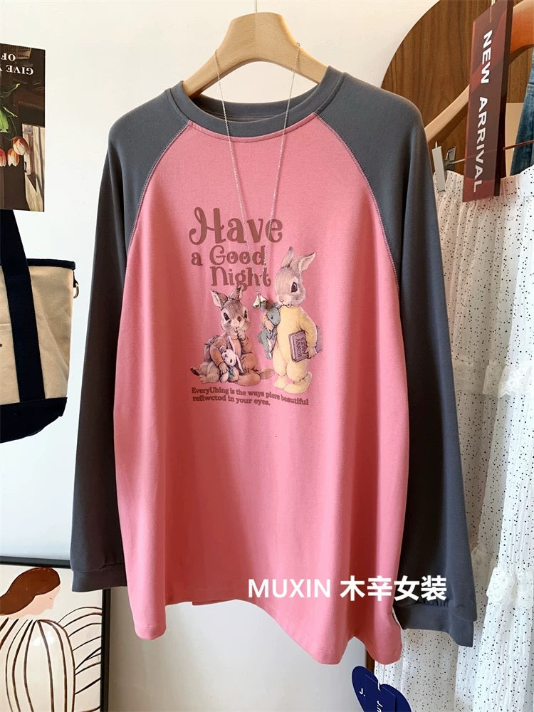 Brushed and thickened cartoon bunny print colorblock raglan sleeve loose large version Korean youth fashion long-sleeved T-shirt