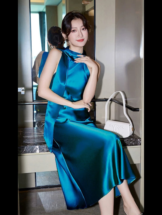 Imported triacetate new style high-end style and various temperament drape halter dress super beautiful suspender skirt