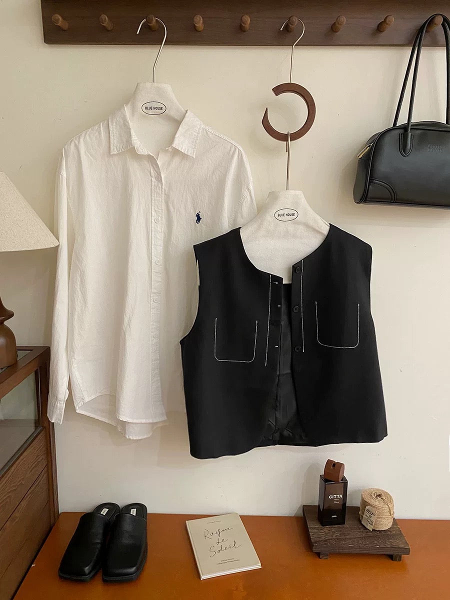 Retro topstitch niche high-end suit vest jacket for women autumn layering outer wear design fake pocket waistcoat vest