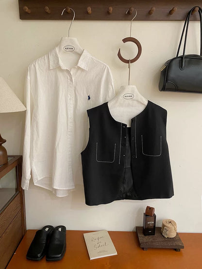 Retro topstitch niche high-end suit vest jacket for women autumn layering outer wear design fake pocket waistcoat vest