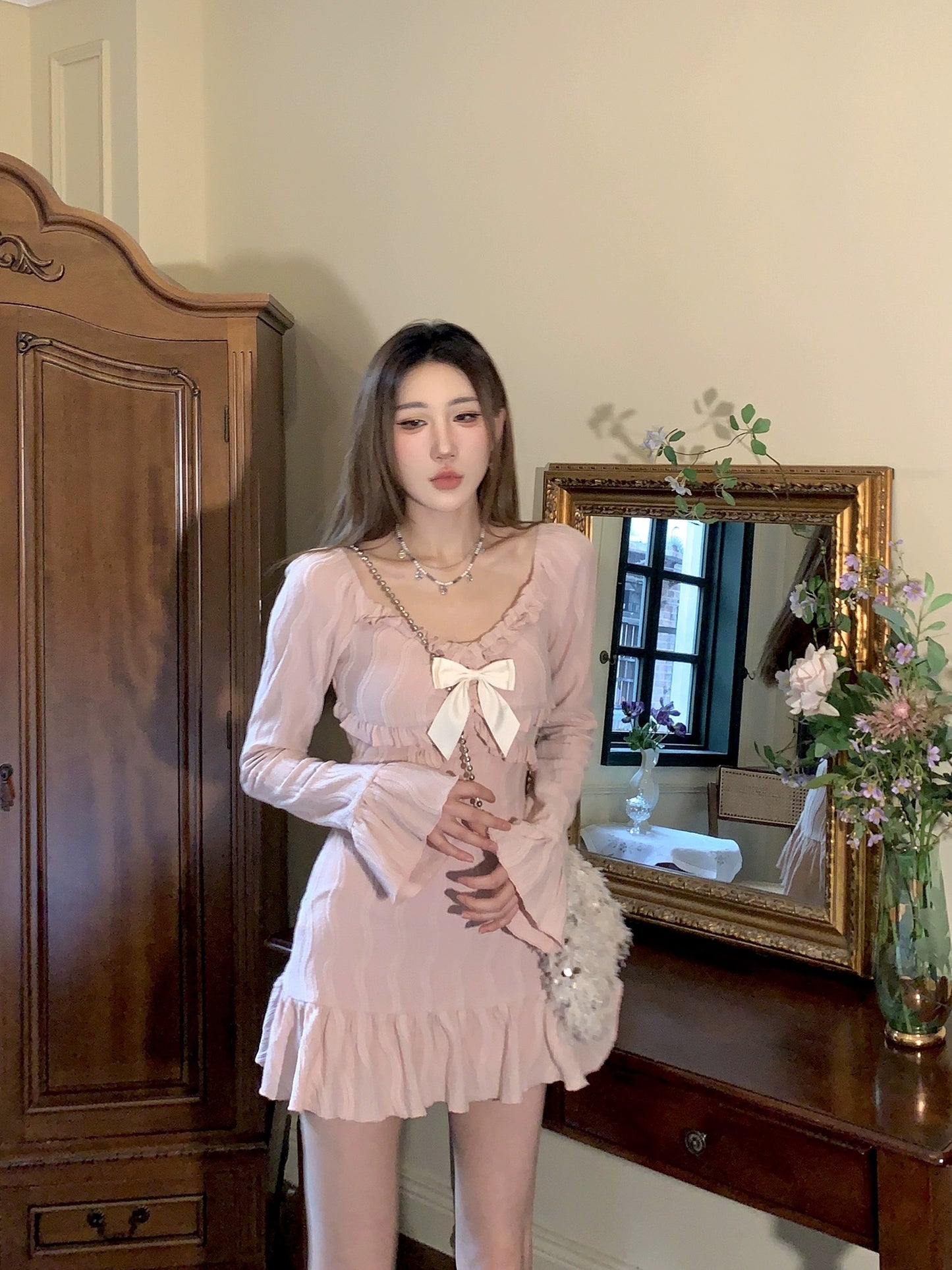 DREAM SEVEN77 pink short long-sleeved dress for women 2024 spring new sweet and slim skirt