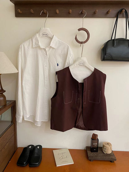 Retro topstitch niche high-end suit vest jacket for women autumn layering outer wear design fake pocket waistcoat vest
