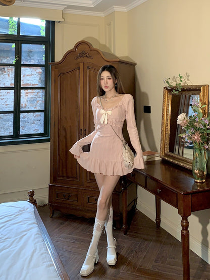 DREAM SEVEN77 pink short long-sleeved dress for women 2024 spring new sweet and slim skirt