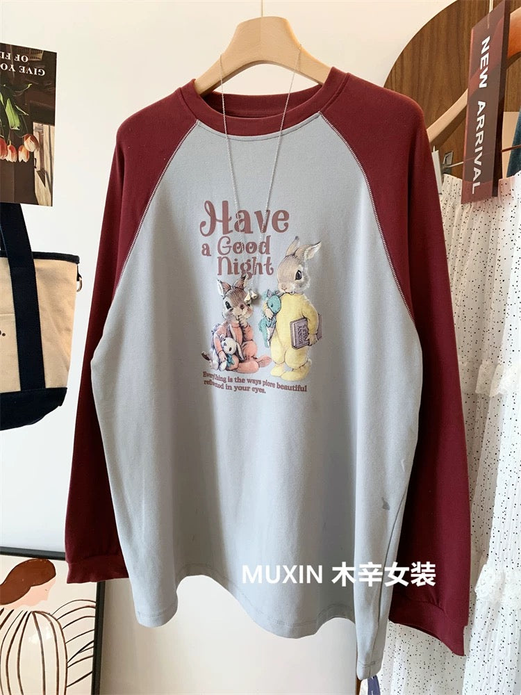 Brushed and thickened cartoon bunny print colorblock raglan sleeve loose large version Korean youth fashion long-sleeved T-shirt