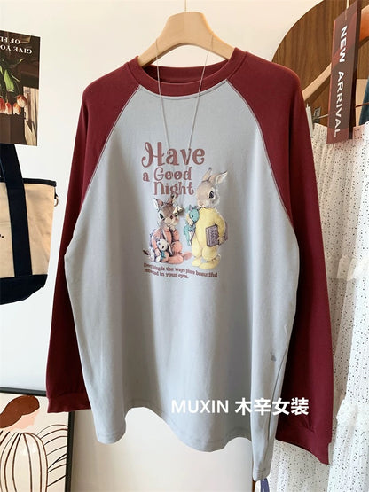 Brushed and thickened cartoon bunny print colorblock raglan sleeve loose large version Korean youth fashion long-sleeved T-shirt