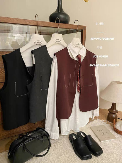 Retro topstitch niche high-end suit vest jacket for women autumn layering outer wear design fake pocket waistcoat vest