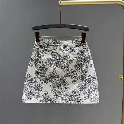 White jacquard embroidery fashion denim skirt women's summer age-reducing sexy slim hip skirt a-line short skirt trend
