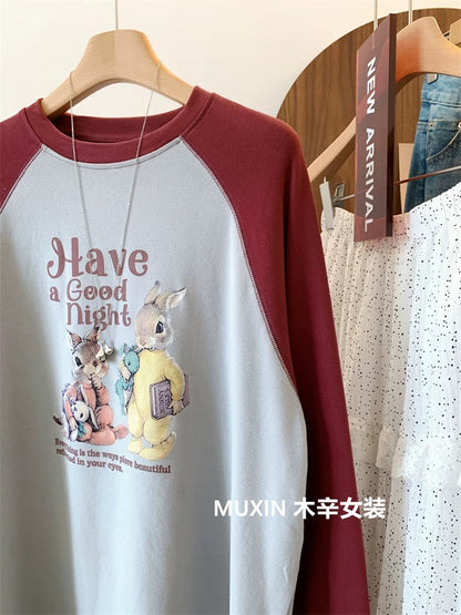 Brushed and thickened cartoon bunny print colorblock raglan sleeve loose large version Korean youth fashion long-sleeved T-shirt