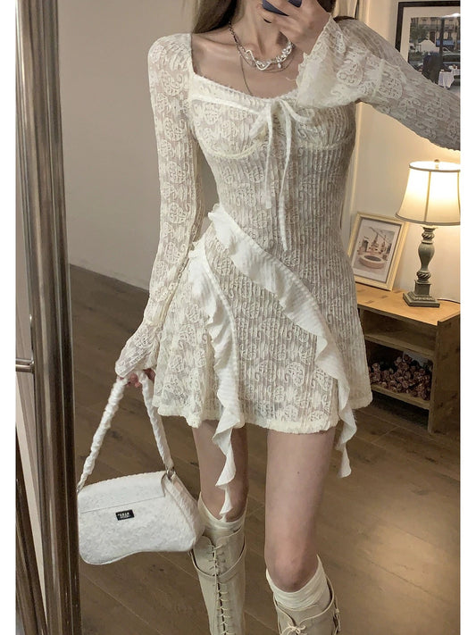 DREAM SEVEN77 Designed long-sleeved lace brushed drawstring dress for women 2024 spring slimming dress