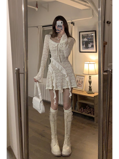 DREAM SEVEN77 Designed long-sleeved lace brushed drawstring dress for women 2024 spring slimming dress
