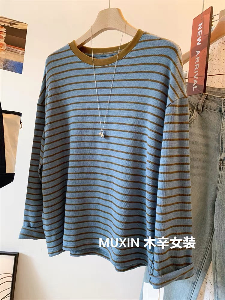 Retro color matching stripes loose elastic soft and comfortable autumn new casual women's round neck top Korean T-shirt