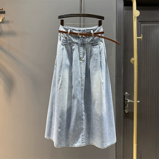 Retro denim skirt for women mid-length 2025 summer new style high waist slimming age-reducing long skirt a-line umbrella skirt