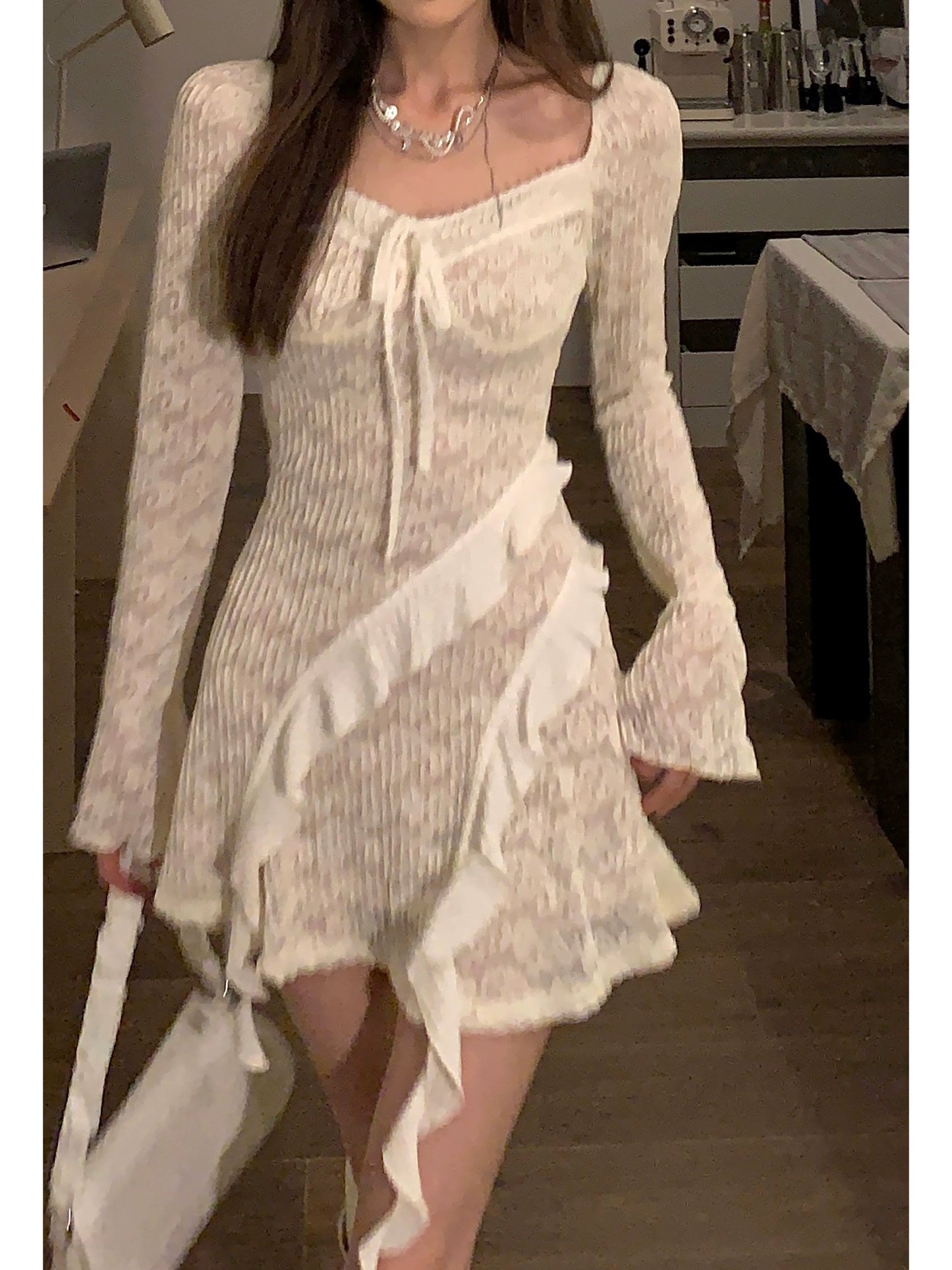 DREAM SEVEN77 Designed long-sleeved lace brushed drawstring dress for women 2024 spring slimming dress