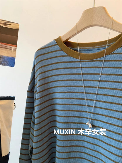 Retro color matching stripes loose elastic soft and comfortable autumn new casual women's round neck top Korean T-shirt