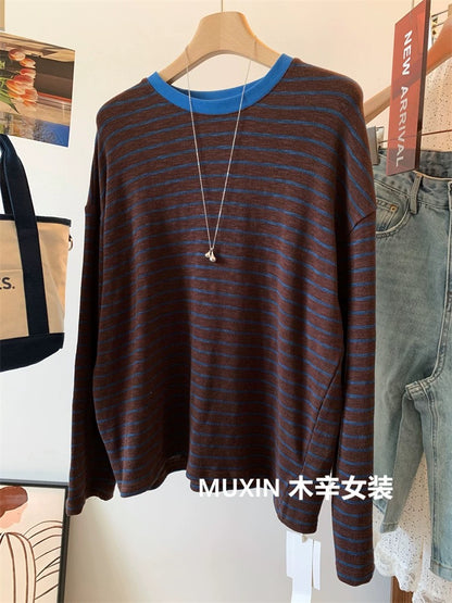 Retro color matching stripes loose elastic soft and comfortable autumn new casual women's round neck top Korean T-shirt