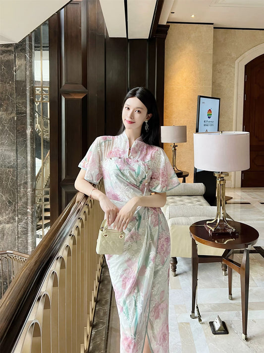 Haute Couture [Water Hibiscus] three-dimensional relief flocking jacquard mesh improved new Chinese style cheongsam dress