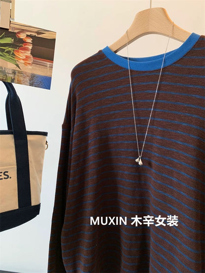 Retro color matching stripes loose elastic soft and comfortable autumn new casual women's round neck top Korean T-shirt