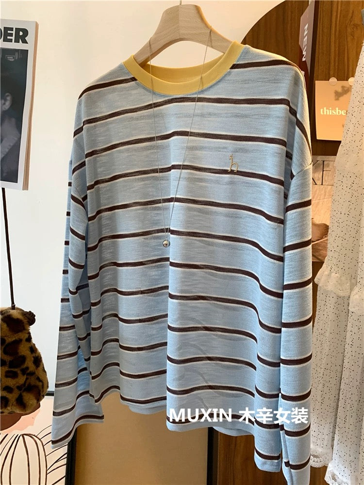 Colorful striped embroidered letter h fashionable loose casual large version spring and summer thin soft casual women's long-sleeved T-shirt