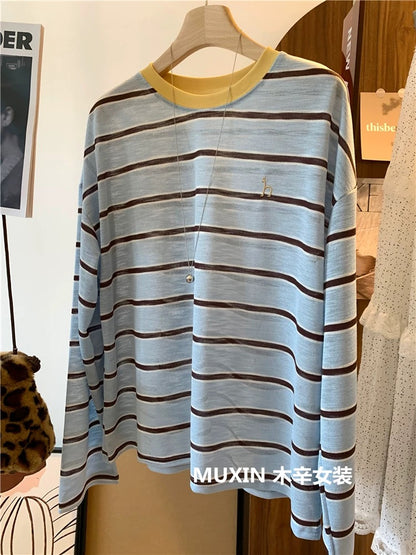 Colorful striped embroidered letter h fashionable loose casual large version spring and summer thin soft casual women's long-sleeved T-shirt
