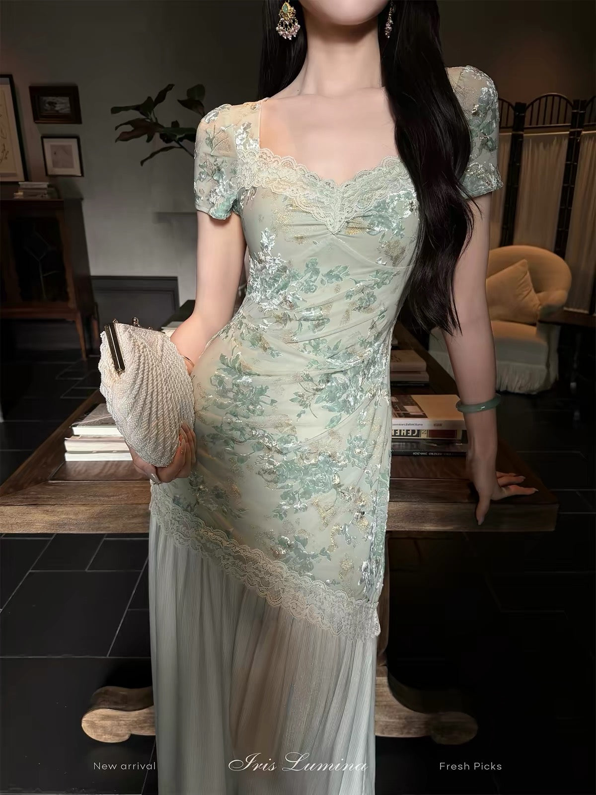 Iris Lumina "Porcelain Beauty" Dress – A short-sleeved, paneled summer dress featuring a cool, elegant aesthetic, burnout detailing, and gold-foil accents.