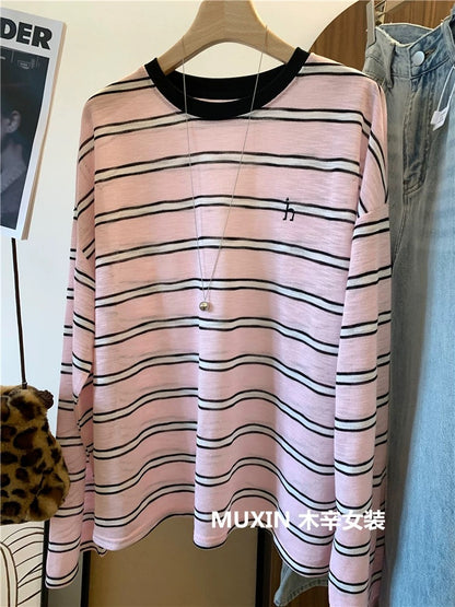 Colorful striped embroidered letter h fashionable loose casual large version spring and summer thin soft casual women's long-sleeved T-shirt