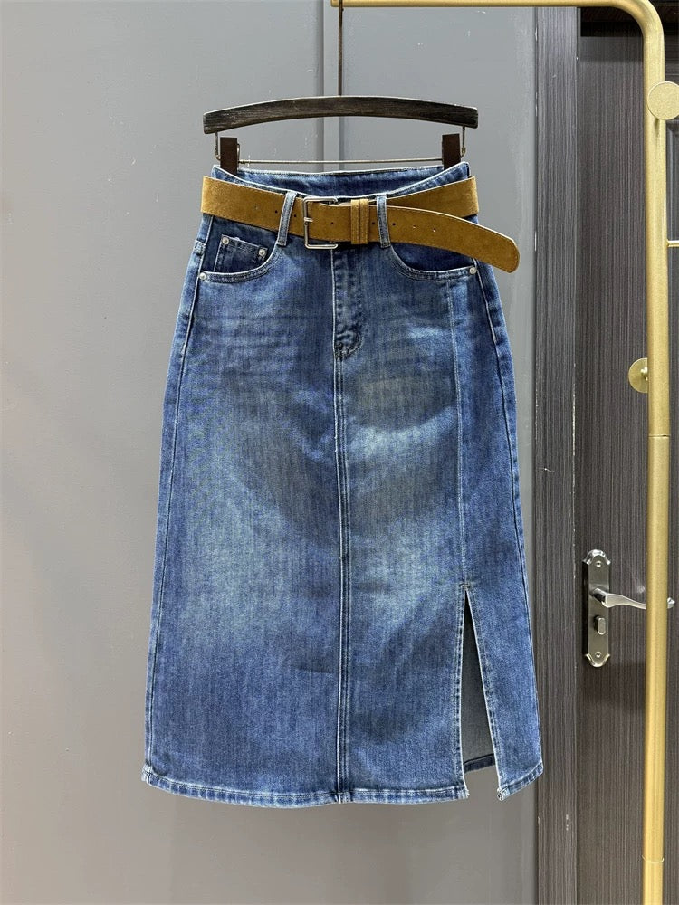 High waist denim mid-length skirt for women, new style for spring and autumn, fashionable, elegant, side slit design, slim fit, hip-wrapped A-line skirt
