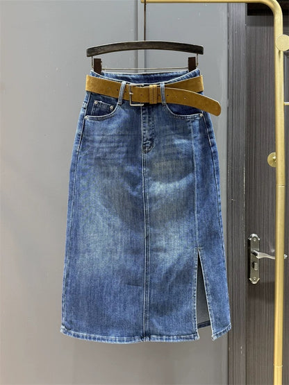 High waist denim mid-length skirt for women, new style for spring and autumn, fashionable, elegant, side slit design, slim fit, hip-wrapped A-line skirt