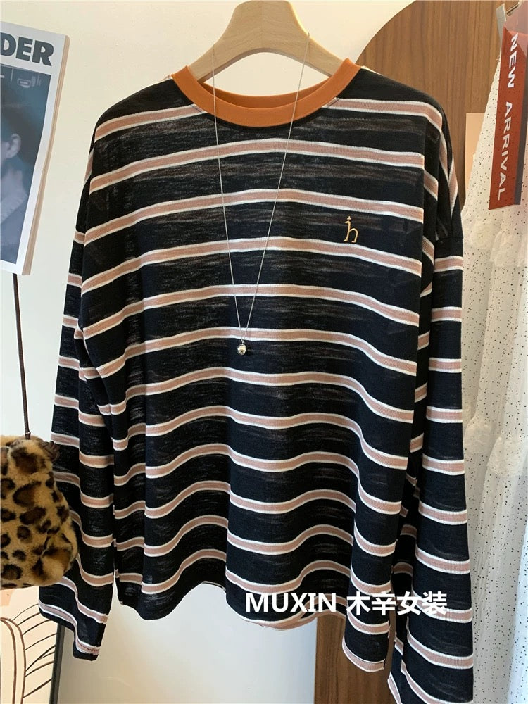 Colorful striped embroidered letter h fashionable loose casual large version spring and summer thin soft casual women's long-sleeved T-shirt