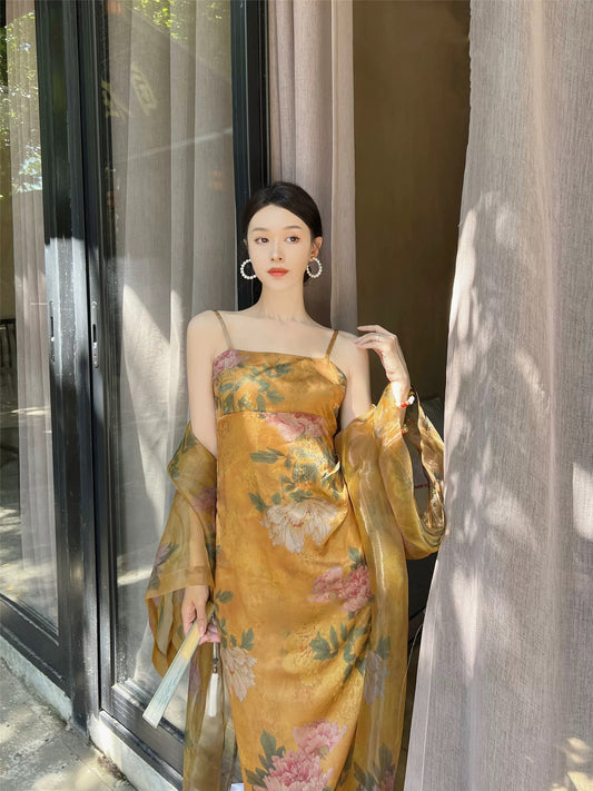 Haute Couture [Moon Palace Jade Hibiscus] Chinese Style Printed Organza Cardigan Dark Pattern Jacquard Phoenix Satin Suspender Suit