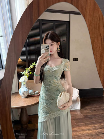 Iris Lumina "Porcelain Beauty" Dress – A short-sleeved, paneled summer dress featuring a cool, elegant aesthetic, burnout detailing, and gold-foil accents.