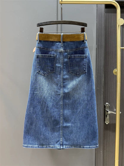 High waist denim mid-length skirt for women, new style for spring and autumn, fashionable, elegant, side slit design, slim fit, hip-wrapped A-line skirt
