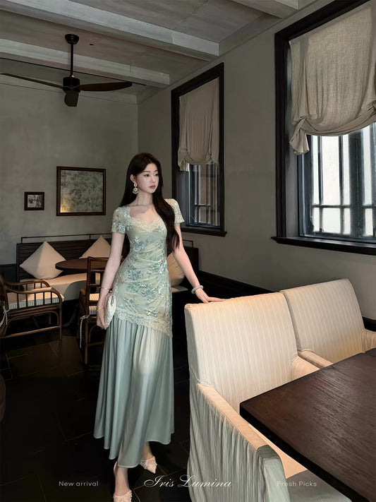 Iris Lumina "Porcelain Beauty" Dress – A short-sleeved, paneled summer dress featuring a cool, elegant aesthetic, burnout detailing, and gold-foil accents.