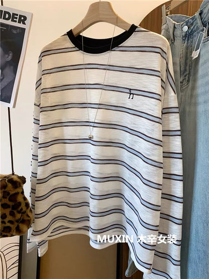 Colorful striped embroidered letter h fashionable loose casual large version spring and summer thin soft casual women's long-sleeved T-shirt