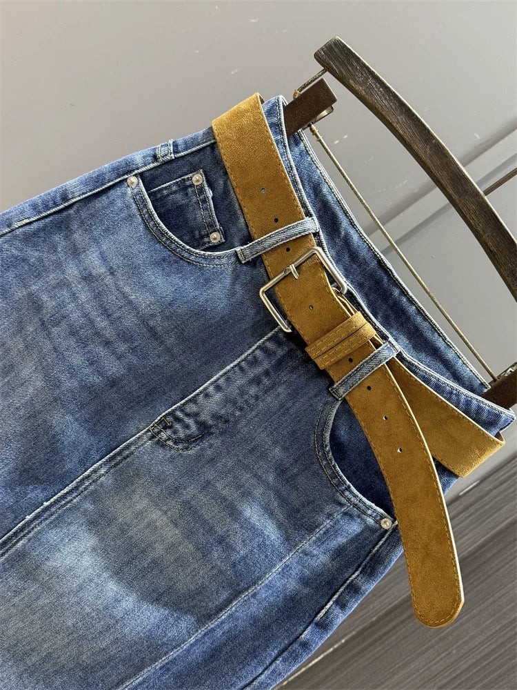 High waist denim mid-length skirt for women, new style for spring and autumn, fashionable, elegant, side slit design, slim fit, hip-wrapped A-line skirt