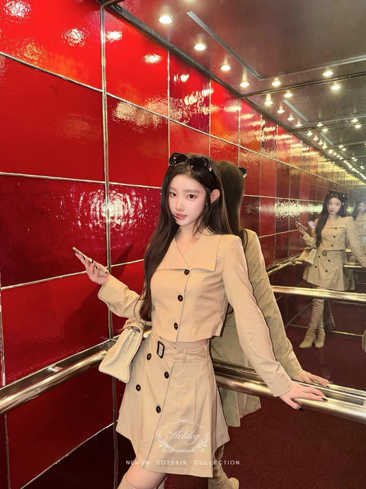 Hotdog "Spicy" [London Melancholy] Short Lapel Jacket + Double-Breasted Pleated Skirt Autumn Set