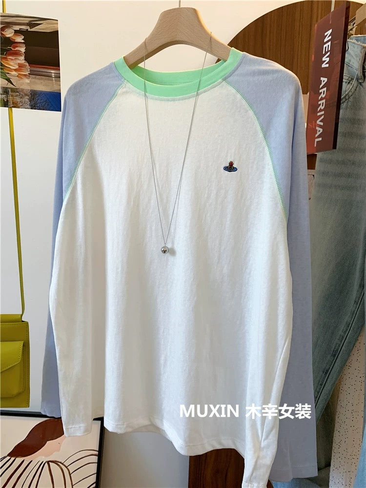 Embroidered colorful planet summer cool thin loose long-sleeved color matching fashionable Korean version of women's sun protection T-shirt