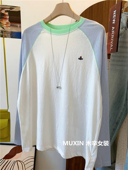 Embroidered colorful planet summer cool thin loose long-sleeved color matching fashionable Korean version of women's sun protection T-shirt