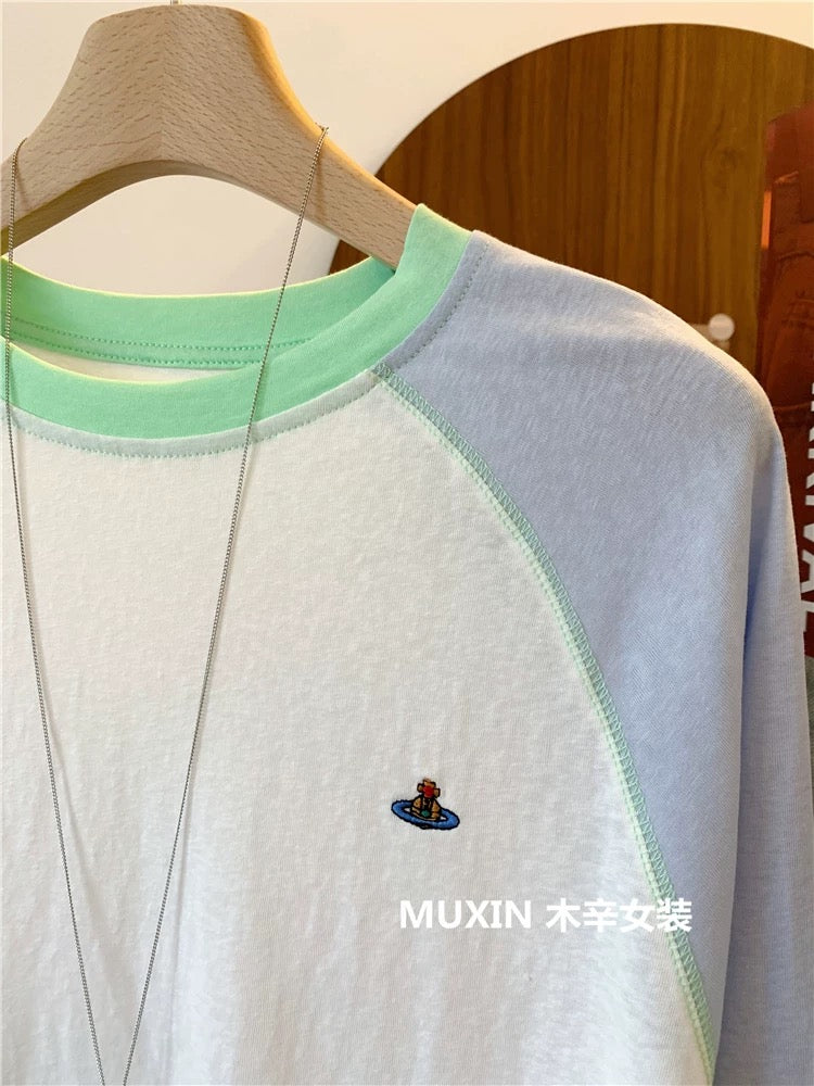 Embroidered colorful planet summer cool thin loose long-sleeved color matching fashionable Korean version of women's sun protection T-shirt