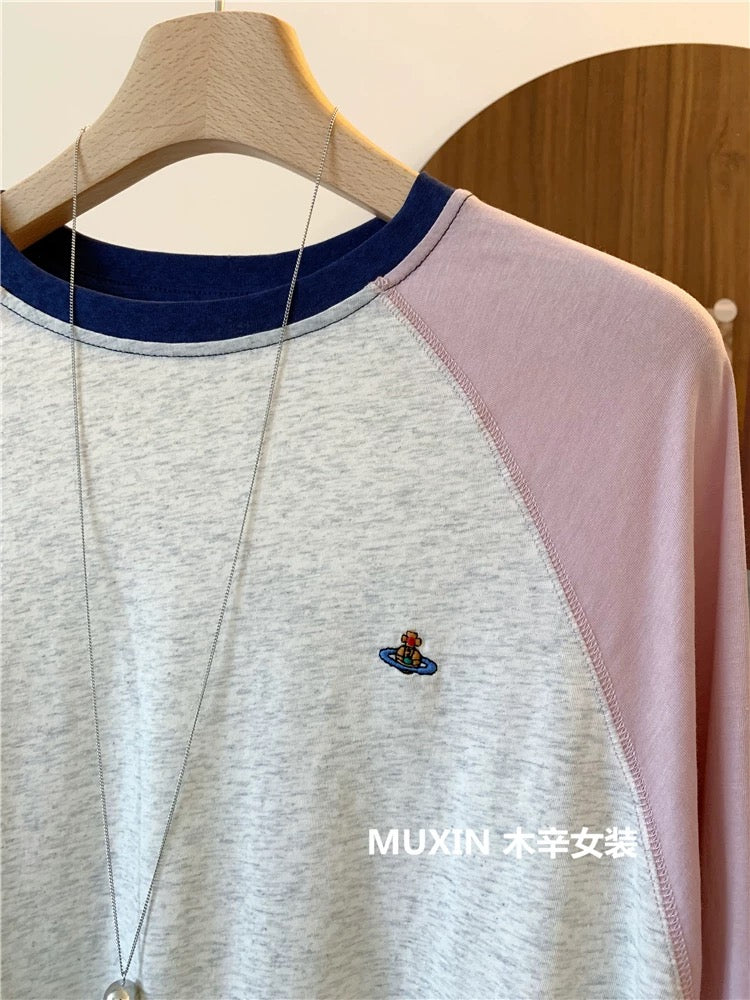 Embroidered colorful planet summer cool thin loose long-sleeved color matching fashionable Korean version of women's sun protection T-shirt