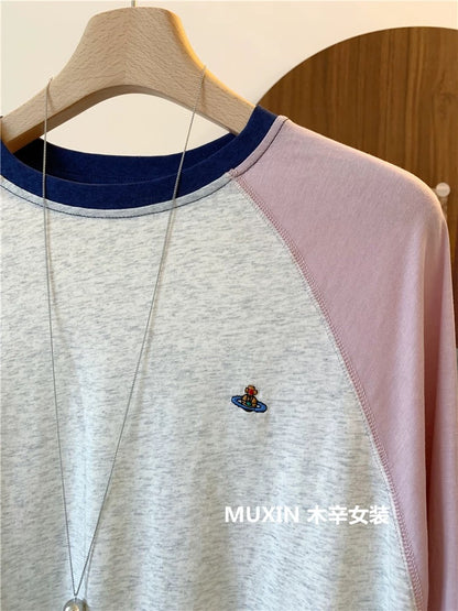 Embroidered colorful planet summer cool thin loose long-sleeved color matching fashionable Korean version of women's sun protection T-shirt