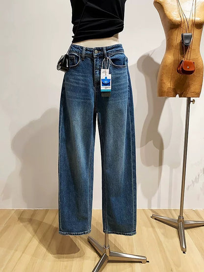 Retro high-waisted slimming floor-length jeans for women, versatile loose straight leg pants for spring and autumn.