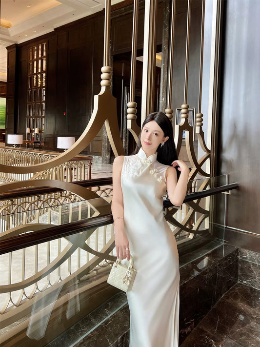 Haute Couture [White Jade Porcelain] Duke Satin Spliced Silk Georgette Beaded Embroidery New Chinese Style Cheongsam Skirt