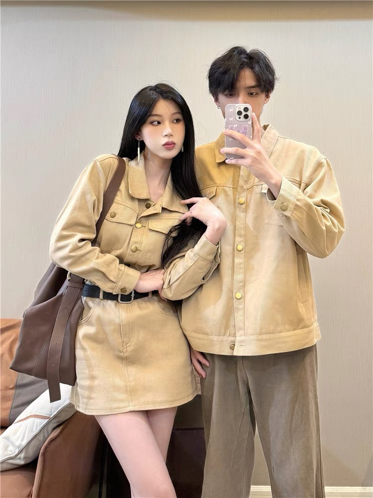 Niche design couple's clothing spring and autumn 2024 Korean style long-sleeved shirt women's dress French style one skirt and one trendy dress