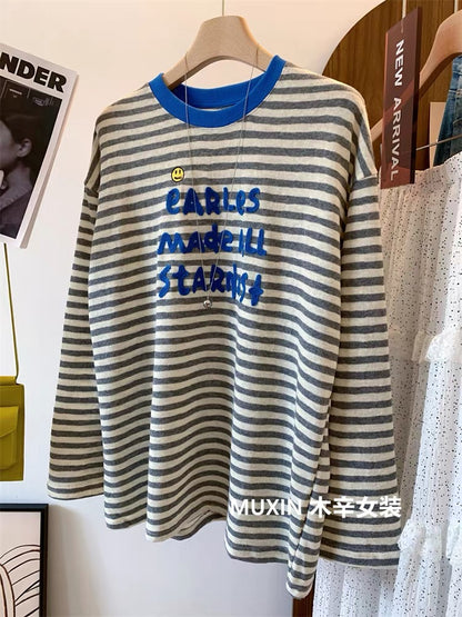 Embroidered smiley face letters color block stripes fashionable casual Korean loose women's long-sleeved top T-shirt