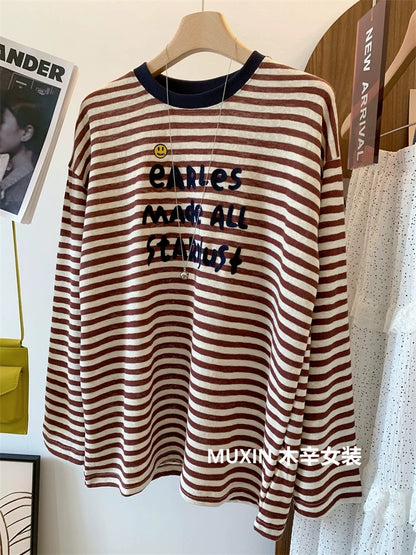 Embroidered smiley face letters color block stripes fashionable casual Korean loose women's long-sleeved top T-shirt