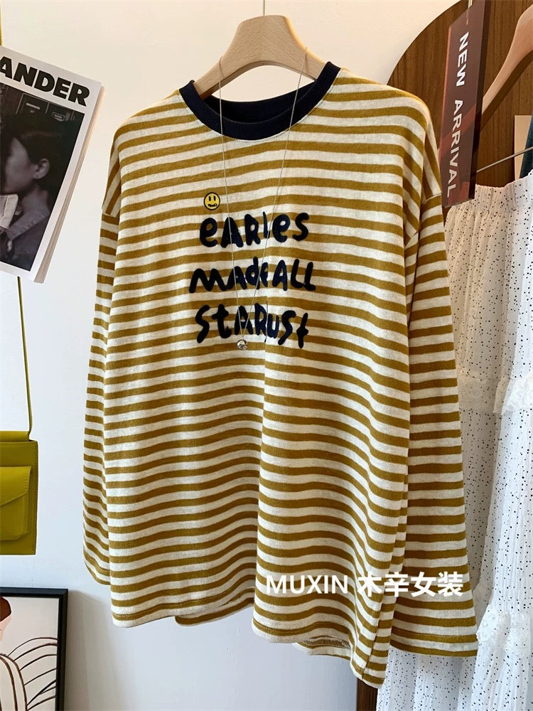 Embroidered smiley face letters color block stripes fashionable casual Korean loose women's long-sleeved top T-shirt